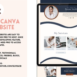 May include: A website mockup for a virtual assistant business. The website features a blue and white color scheme with a photo of a woman in the top left corner. The website also includes a section for services, which includes copywriting, social media, and bookkeeping. The website also includes a call to action to grab a freebie.