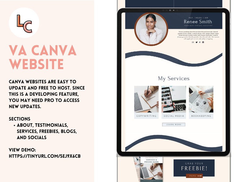 May include: A website mockup for a virtual assistant business. The website features a blue and white color scheme with a photo of a woman in the top left corner. The website also includes a section for services, which includes copywriting, social media, and bookkeeping. The website also includes a call to action to grab a freebie.
