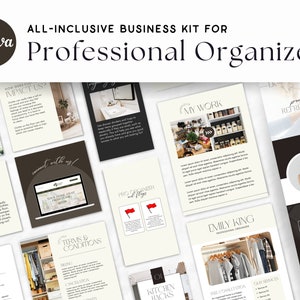 Könnte beinhalten: Ein Canva-Vorlagen-Kit für professionelle Organisatoren. Das Kit enthält eine Vielzahl von Vorlagen für soziale Medien, Websites und Marketingmaterialien. Die Vorlagen zeichnen sich durch ein modernes und minimalistisches Design mit einer neutralen Farbpalette aus.