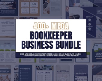 May include: A collage of images showcasing a business bundle for bookkeepers. The bundle includes a variety of marketing materials such as brochures, social media posts, flyers, e-books, service guides, invoices, lead magnets, questionnaires, banners, pins, business cards, and more. The text "400+ MEGA BOOKKEEPER BUSINESS BUNDLE" is prominently displayed in gold and black lettering.