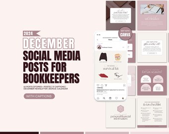 Pode incluir: Imagem promocional para contabilistas com posts nas redes sociais para dezembro de 2024. O design inclui um mockup de telefone com posts nas redes sociais e outros materiais de marketing. O texto inclui "Posts de dezembro nas redes sociais para contabilistas" e "Edit with Canva."