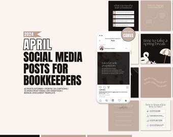 Pode incluir: Um kit de marketing digital para contabilistas com um design preto e branco. O kit inclui 60 postagens de mídia social, 30 legendas, 10 ideias de postagens de vídeo, 100 hashtags e um modelo de documento. O kit é editável no Canva.