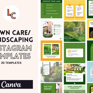 Puede incluir: Un conjunto de 30 plantillas de Instagram para empresas de cuidado de c&eacute;sped y paisajismo. Las plantillas presentan esquemas de colores verde, amarillo y azul con im&aacute;genes de c&eacute;spedes, jardines y equipos de paisajismo. Las plantillas incluyen texto como "Cuidado del c&eacute;sped/Paisajismo", "Mejora tu c&eacute;sped", "Qu&eacute; hacer y qu&eacute; no hacer", "Empresas de cuidado del c&eacute;sped", "Conoce a Brooks", "Lista de verificaci&oacute;n de cuidado del c&eacute;sped de junio" y "&iquest;Sab&iacute;as?"