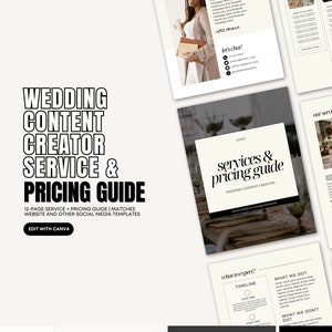 May include: A black and white graphic design for a wedding content creator service and pricing guide. The guide includes a timeline, services offered, and a portfolio. The text "Wedding Content Creator Service & Pricing Guide" is displayed in bold black text.
