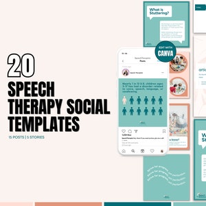 May include: A set of 20 social media templates for speech therapy. The templates are designed for use on Instagram and feature a variety of colors and designs. The text on the templates includes information about speech therapy, stuttering, and articulation. The templates are editable in Canva.