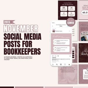 2023 November Bookkeeping Posts | November Bookkeeper Marketing | Captions and Hashtags for Financial Services | Social Media Finance