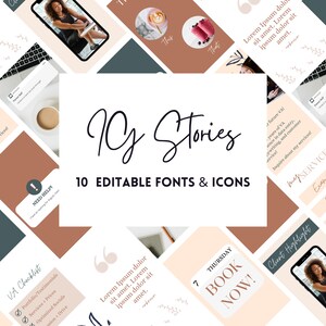 May include: A collage of 10 Instagram story templates with a peach, brown, and teal color scheme. The templates feature text overlays with phrases like "Book Now!" and "My Services".