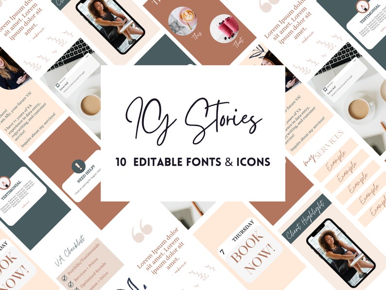 May include: A collage of 10 Instagram story templates with a peach, brown, and teal color scheme. The templates feature text overlays with phrases like "Book Now!" and "My Services".