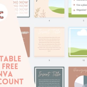 May include: A set of editable Canva templates with a pastel color scheme. The templates feature text boxes, illustrations of hills and clouds, and a pie chart. The text on the templates includes "Insert Title", "Demographics", and "Use a planner".