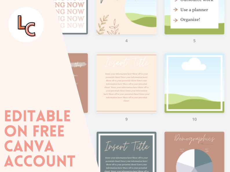 May include: A set of editable Canva templates with a pastel color scheme. The templates feature text boxes, illustrations of hills and clouds, and a pie chart. The text on the templates includes "Insert Title", "Demographics", and "Use a planner".