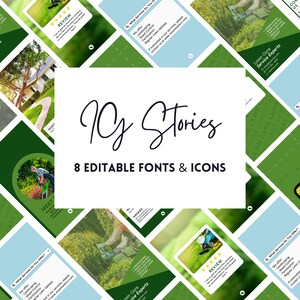 Puede incluir: Un conjunto de 10 plantillas de historias de Instagram dise&ntilde;adas para empresas de servicios de cuidado de c&eacute;sped. Las plantillas presentan esquemas de color verde y azul con texto que dice "Expertos en servicios de cuidado de c&eacute;sped", "Revisi&oacute;n", "Conocer", "&iquest;Qu&eacute; servicios ofrece?" y "Recordatorio".