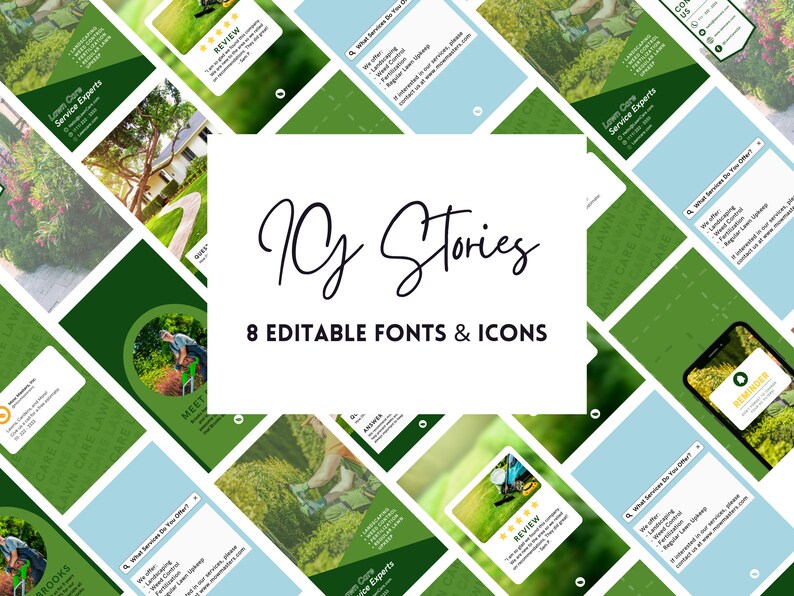 Puede incluir: Un conjunto de 10 plantillas de historias de Instagram dise&ntilde;adas para empresas de servicios de cuidado de c&eacute;sped. Las plantillas presentan esquemas de color verde y azul con texto que dice "Expertos en servicios de cuidado de c&eacute;sped", "Revisi&oacute;n", "Conocer", "&iquest;Qu&eacute; servicios ofrece?" y "Recordatorio".