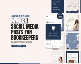 Pode incluir: Uma coleção de postagens de mídia social para contadores, com um esquema de cores azul e branco. As postagens incluem texto como "Bookkeeping Save You Time!" e "Craziness of Tax Season".