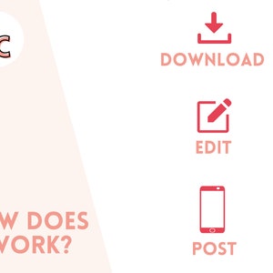 May include: A graphic showing how to use a mobile app. The graphic shows a red download icon, a red edit icon, and a red smartphone icon. The text "DOWNLOAD", "EDIT", and "POST" are below each icon. The text "HOW DOES IT WORK?" is in the lower left corner of the graphic.