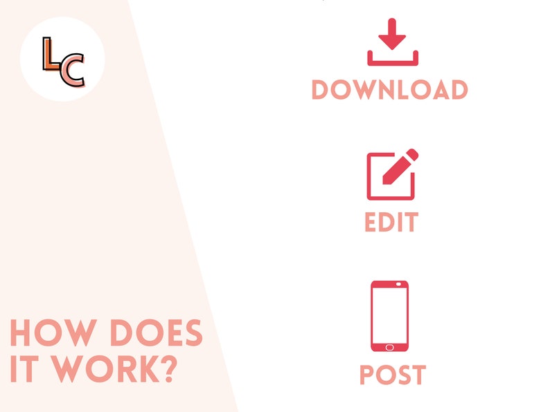 May include: A graphic showing how to use a mobile app. The graphic shows a red download icon, a red edit icon, and a red smartphone icon. The text "DOWNLOAD", "EDIT", and "POST" are below each icon. The text "HOW DOES IT WORK?" is in the lower left corner of the graphic.
