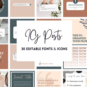 May include: A digital marketing resource with 30 editable fonts and icons. The image shows a collage of 12 Instagram post templates with various designs and text. The text includes "90z Posts", "Tips to Organize Your Files", "It's Okay to Ask for Help", "Booking Now", "Insert Title", "Lorem Ipsum dolor sit amet", and "30 Editable Fonts & Icons".