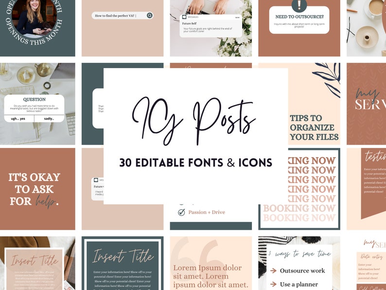 May include: A digital marketing resource with 30 editable fonts and icons. The image shows a collage of 12 Instagram post templates with various designs and text. The text includes "90z Posts", "Tips to Organize Your Files", "It's Okay to Ask for Help", "Booking Now", "Insert Title", "Lorem Ipsum dolor sit amet", and "30 Editable Fonts & Icons".