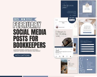 Pode incluir: Uma coleção de modelos de postagens de mídia social para contadores, apresentando uma variedade de designs com esquemas de cores azul e branco. O texto nos modelos inclui frases como "Fevereiro é para limpar suas finanças", "Quando contratar um contador?", e "Gerencie seus recibos".