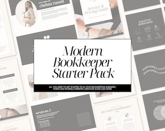 May include: A digital marketing kit for bookkeepers, titled "Modern Bookkeeper Starter Pack". The kit includes templates for social media posts, website content, and service guides. The kit is designed to help bookkeepers grow their business.