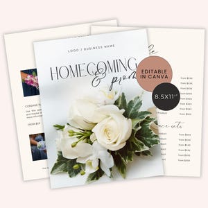 School Dance Florist Service Guide | Homecoming Florist Pricing Guide | Prom Floral Guide | Canva Template for Florist | Florist Brochure