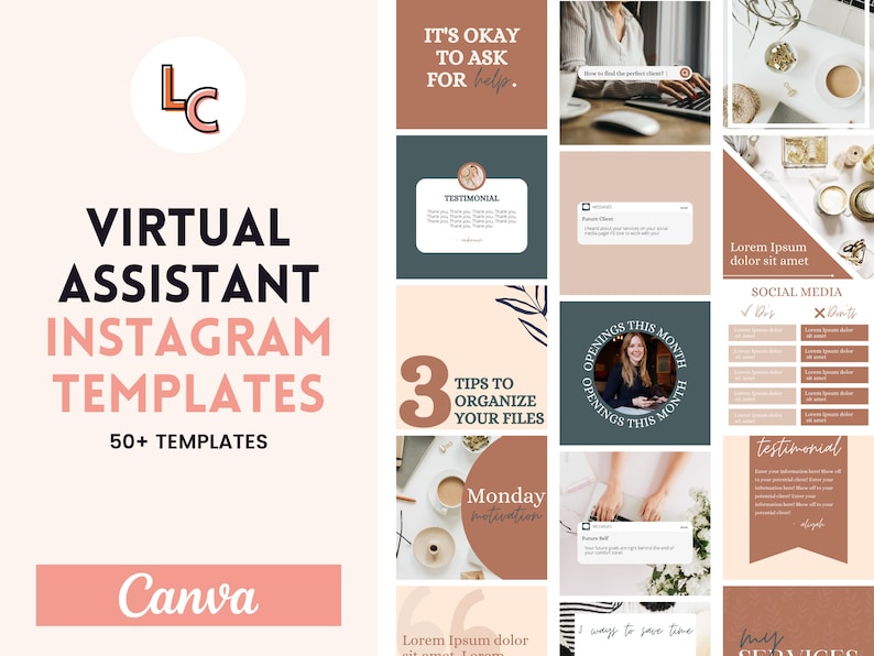 May include: A collage of Instagram post templates for virtual assistants. The templates feature a variety of designs, including a quote about asking for help, a testimonial, tips to organize files, a social media dos and don'ts list, and a Monday motivation quote. The templates are designed in a neutral color palette of brown, beige, and white.