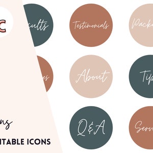 May include: Ten editable social media icons with a minimalist design. The icons are in a circle shape with a white background and feature text in a white cursive font. The text on the icons includes: Results, Testimonials, Packages, About, Tips, Q&A, Services.