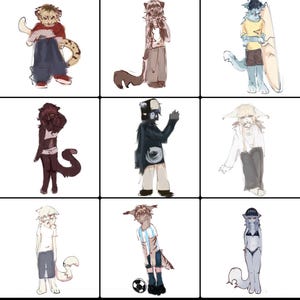 Peut inclure: Une grille de neuf illustrations numériques de personnages animaux anthropomorphes. Chaque personnage est représenté dans diverses tenues et poses, avec une gamme de couleurs et de styles. Les personnages incluent un guépard, un chat, un loup, et d'autres.