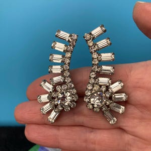 Vintage rhinestone statement earrings, ear climber earrings, clear baguette rhinestone earrings, statement ear climber earrings