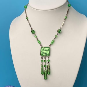 Art Deco green glass necklace, Czech glass necklace with dangles, art deco jewelry, Antique Czechoslovakia glass necklace
