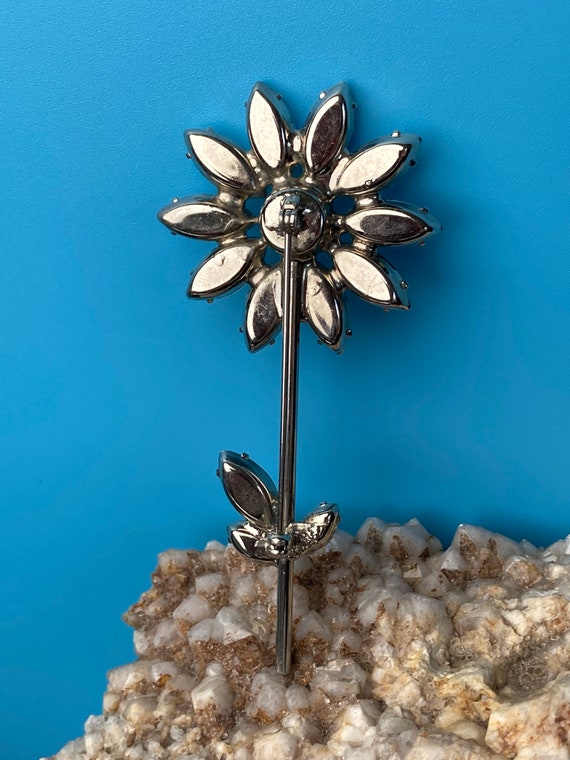 Vintage flower brooch, clear rhinestone daisy bro… - image 3
