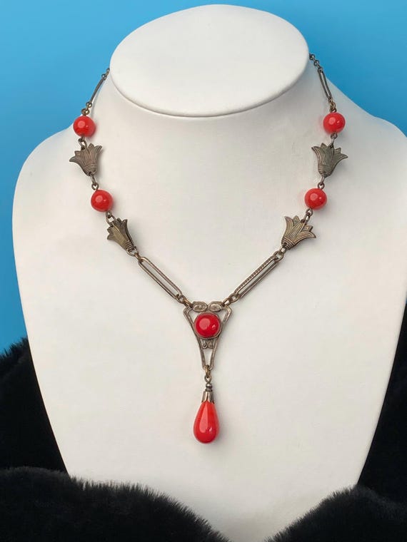 Vintage Czech Red Glass Necklace: Art Deco Lotus Pendant