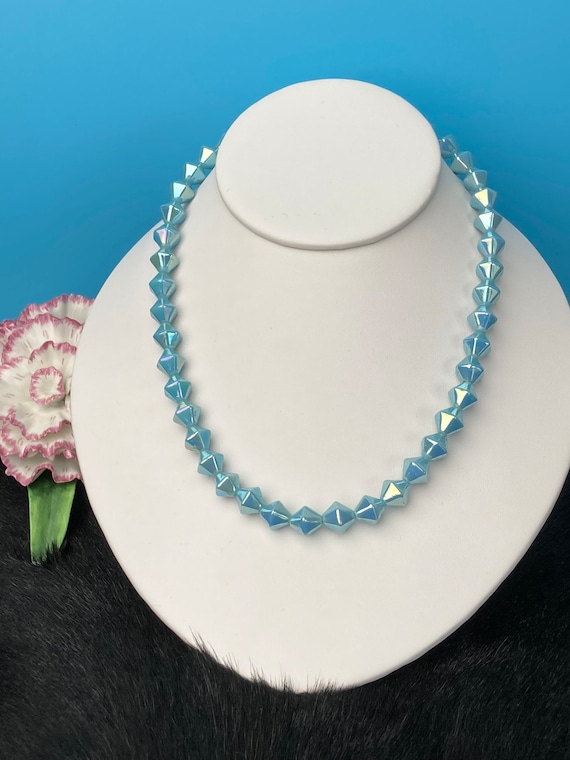 Vintage blue glass bead necklace, vintage bicone b