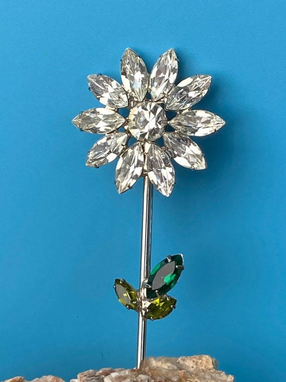Vintage flower brooch, clear rhinestone daisy bro… - image 2