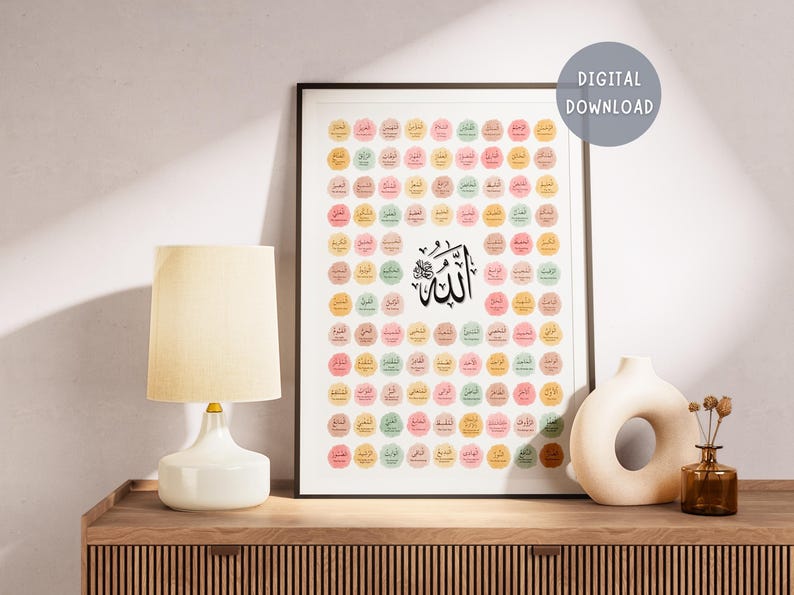 Al Asmaul Husna 99 Names of Allah English Meaning, Islamic Poster Allah Print, Calligraphy Allah Decoration, Kids Poster Muslim Arabic Art image 7