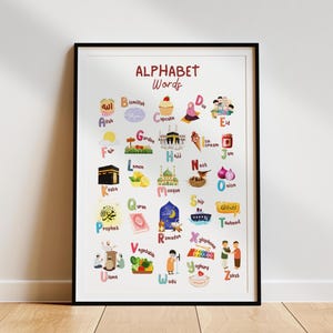 Affiche alphabet arabe pour enfants, alphabet islamique de A à Z, affiche mots musulmans, ABC islamique, arabe musulman, enseignement des mots arabes