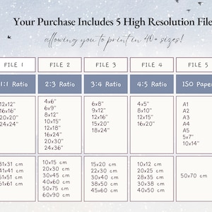 May include: A chart showing the different sizes and ratios of digital files included in a purchase. The chart includes inches and centimeters. The chart also includes the different ISO paper sizes included in the purchase. The chart is on a light blue background with a snowflake pattern.