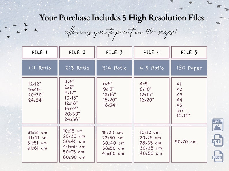 May include: A chart showing the different sizes and ratios of digital files included in a purchase. The chart includes inches and centimeters. The chart also includes the different ISO paper sizes included in the purchase. The chart is on a light blue background with a snowflake pattern.