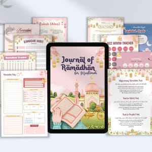May include: A digital journal for Ramadan with a pink and white floral design. The cover features a mosque with a golden dome and a book with a floral design. The text on the cover reads "Journal of Ramadan for Muslimah".
