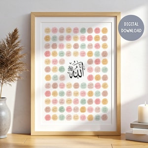 Al Asmaul Husna 99 Names of Allah English Meaning, Islamic Poster Allah Print, Calligraphy Allah Decoration, Kids Poster Muslim Arabic Art image 4