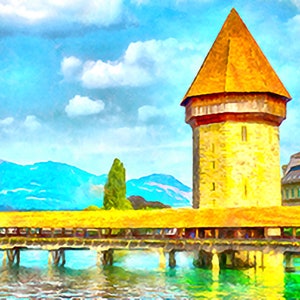 Old town of Lucerne. Сhapel bridge on the river Reuss. Watercolor painting from photo.