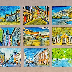 Lot de 9 cartes postales "Constance pittoresque" DIN A6, carton pour carte postale 350 g/mètre, impression d'art.