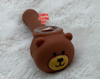 Bear Pipe, Silicone Pipe, Unbreakable Pipe, Pipe, Silicone Pipe, Pipe, Pipe with Glass Bowl, Cute Pipe, Brown Bear Pipe, Animal Pipe