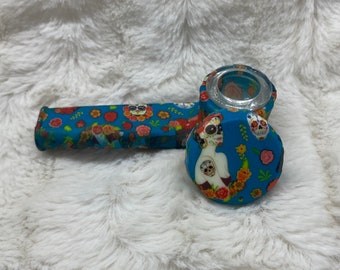 Silicone Pipe, Unbreakable Pipe, Pipe, Silicone Pipe, Pipe, Pipe with Glass Bowl, Sugar Skull Pipe, Cute Pipe, Blue Pipe, Pipe with Lid