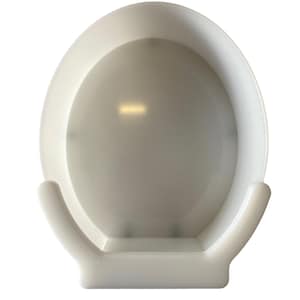 May include: White plastic wall mount for a round mirror. The mount has two curved arms that extend out from the base and a circular opening in the centre.