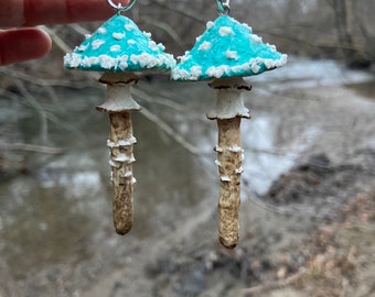 Mushroom Earrings, Turquoise Mushrooms, Nature Jewelry, Mushroom Jewelry, Fairy Mushrooms, Realiatic Mushrooms, Amanita Earrings