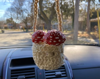 Mushroom Car Charm, Mushroom Basket Car Decor, Rear View Mirror Charm