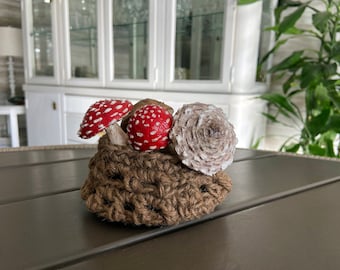 Mushroom Crocheted Basket Decorative Basket Mushroom Decor Home Decor Basket Crochet Made in Canada Cottagecore Decor Conversation Piece