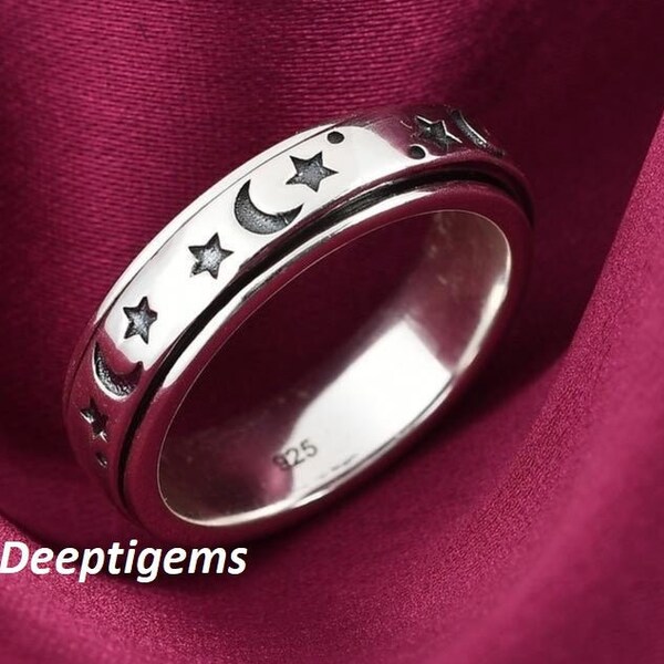 Moon & Stars Ring Fashion Spin Ring Stress Relieving Meditation Ring Boho Spinner Band Rings Moon Ring for Men and Women Couple Rings, D131