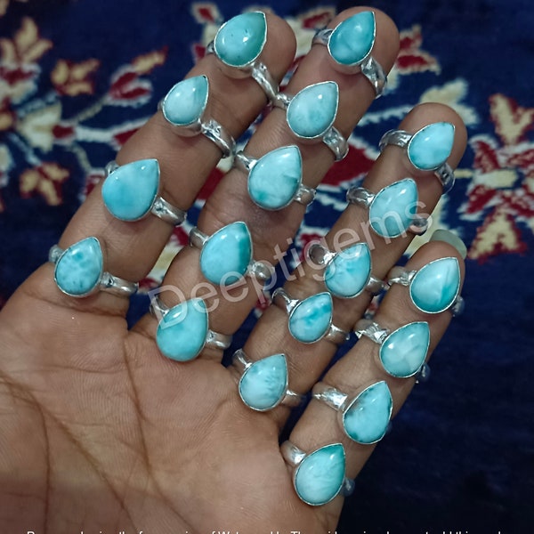 Natural Larimar Rings Lot, 925 Silver Plated Rings Lot, Natural Gemstone Rings, All US Size Rings, Wholesale Rings Jewelry, Larimar Rings