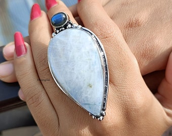 Rainbow Moonstone Ring, Boho Ring for Women, 925 Solid Sterling Silver Ring, Moonstone Ring, Large Stone Ring, Handmade Jewelry